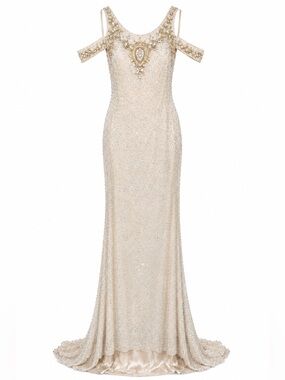 Sherri Hill 51985 Champagne Beaded Cold-Shoulder Evening Gown